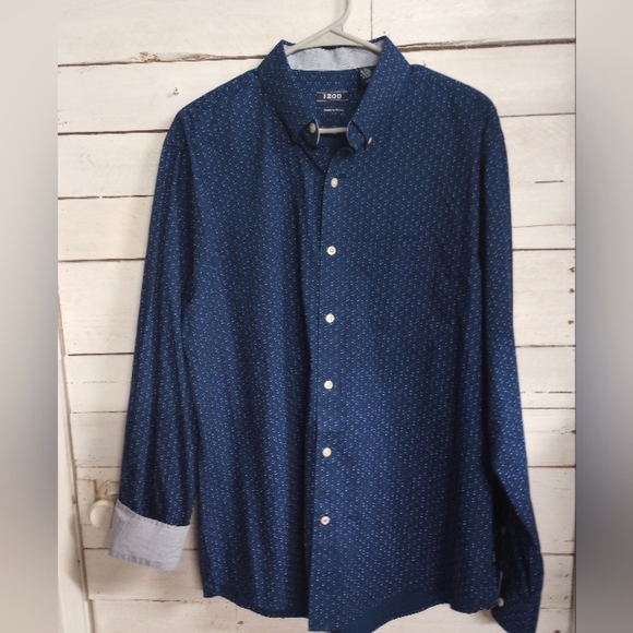 Izod Premium Essentials Classics Mens Large Blue Dot Printed Long Sleeve - Picture 1 of 8